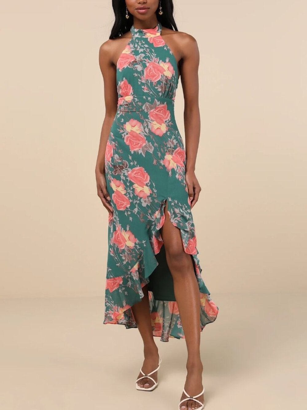 Lulu’s Green Floral Halter Midi Dress NWT Size M Slit Ruffle Hem
